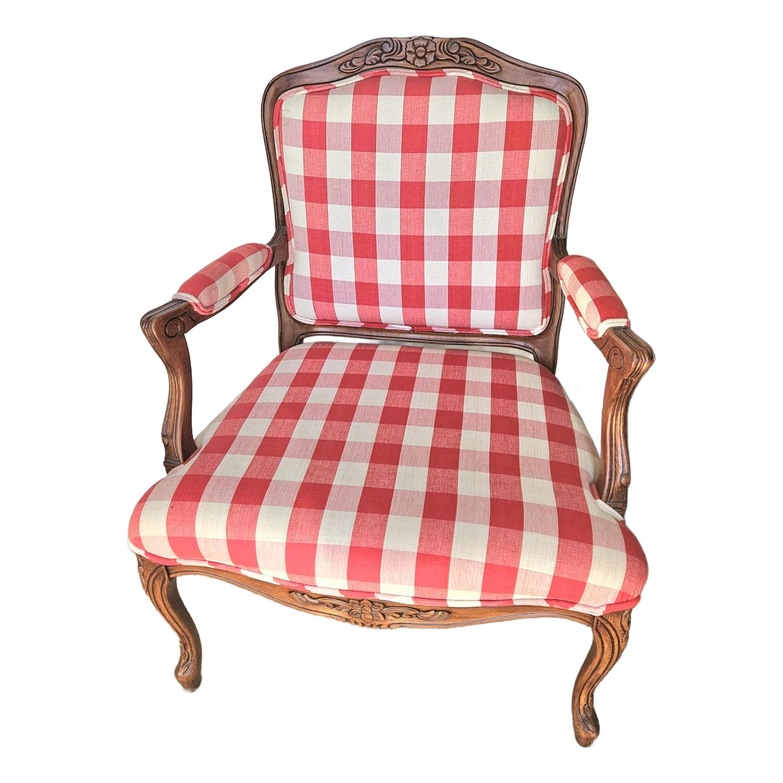 Vintage French Open Armchair Upolstered in Red and White Check
