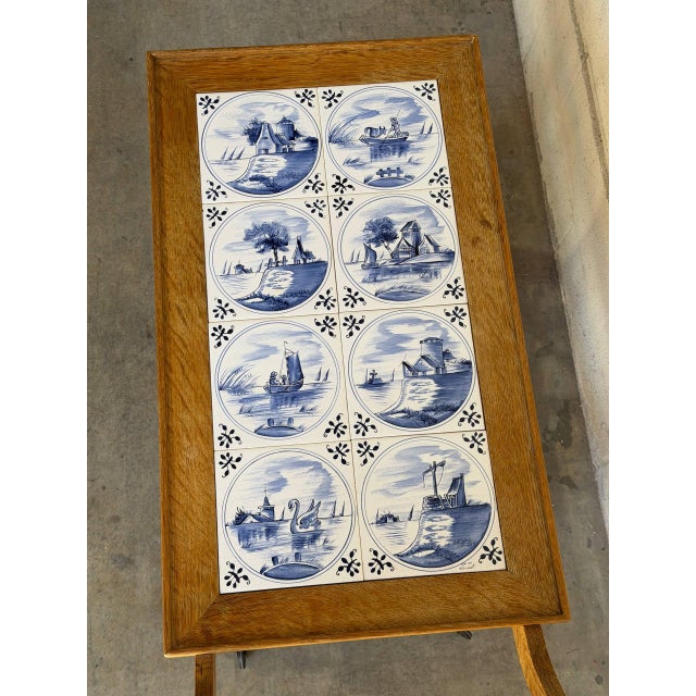 Vintage Danish Oak Bar Cart Tea Trolley With Blue & White Tile Top For Sale In Los Angeles - Image 6 of 10