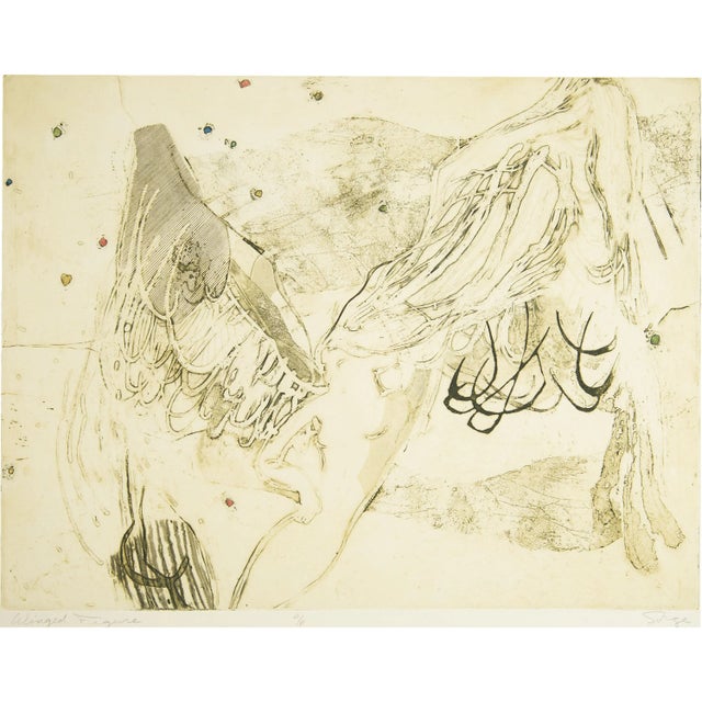 A black and white etching entitled Winged Figure by Canadian artist Walter Sorge (1931-2021). The long-haired figure's...