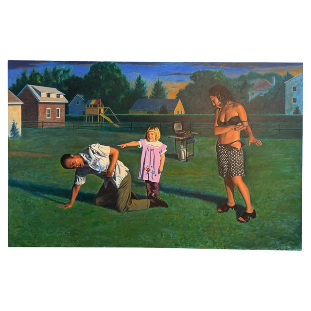 A large oil on canvas by the noted American artist John Thornton. It portrays a sick man being laughed at by a young girl....