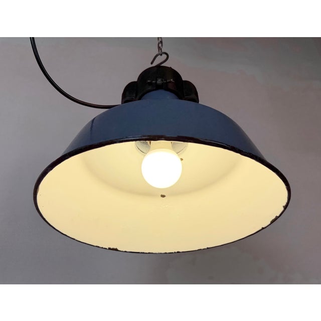 Industrial Blue Enamel Factory Lamp with Cast Iron Top, 1960s For Sale - Image 11 of 18