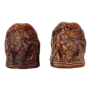 19th Century English Staffordshire Rockingham Lion Head Window Stops For Sale