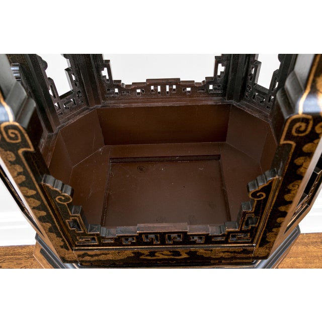 Vintage Chinoiserie Black Lacquered Octagonal Pedestal Stands—A Pair For Sale - Image 11 of 12