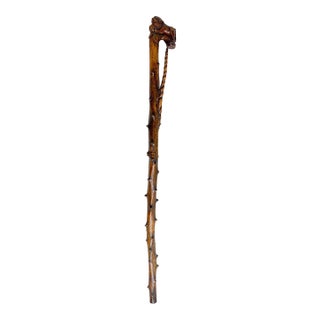 Large Antique 1800's Chinese Foo Dog Carved Wood Folk Art Walking Stick Cane For Sale