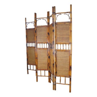 Large Vintage 5 Panel Scorched Bamboo & Rattan Folding Screen Room Divider For Sale
