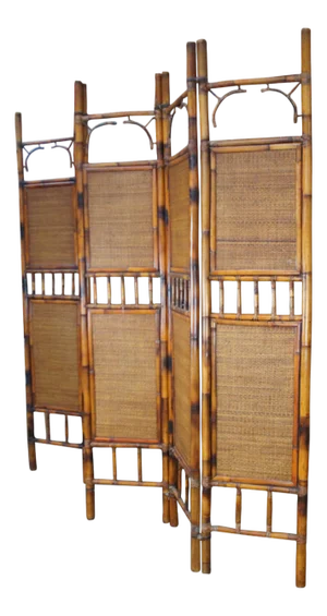 Large Vintage 5 Panel Scorched Bamboo & Rattan Folding Screen Room Divider
