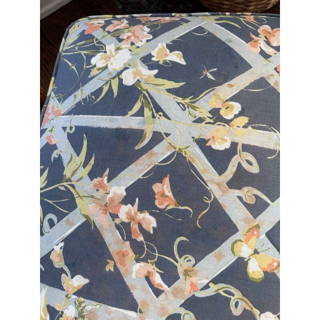 Navy Blue Baker Furniture French Provincial Wingback Bergère & Ottoman in Floral Trellis Print For Sale - Image 8 of 12
