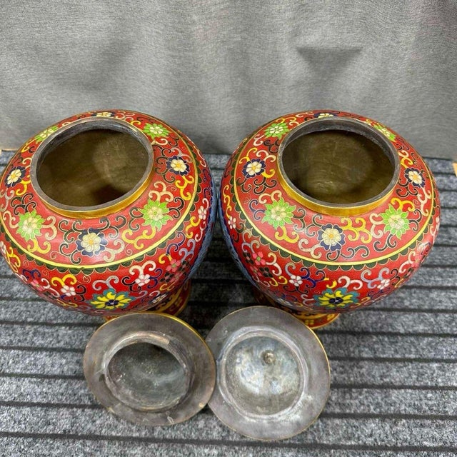 Pair of Chinese Cloisonné Enamel Koi Fish & Lotus Jars With Lids - 13" Tall For Sale - Image 4 of 6