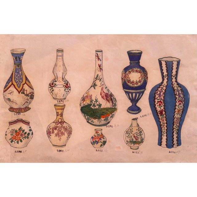 Porcelain Vases is an original china ink and watercolor drawing on ivory-colored paper realized in 1890 ca. In very good...