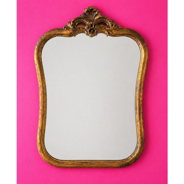 Antique Rococo Giltwood Wall Mirror, 19th Century Hand-Carved Crest, 26” X 37” For Sale - Image 4 of 11