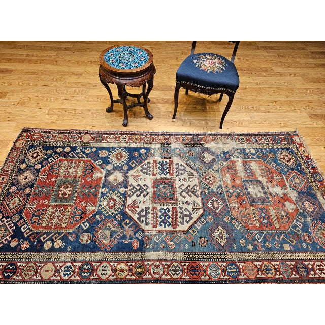 19th Century Antique Caucasian Kazak Rug, Medallion Pattern, Hand-Knotted Wool, Blue & Red, 4' x 8' For Sale - Image 5 of 16
