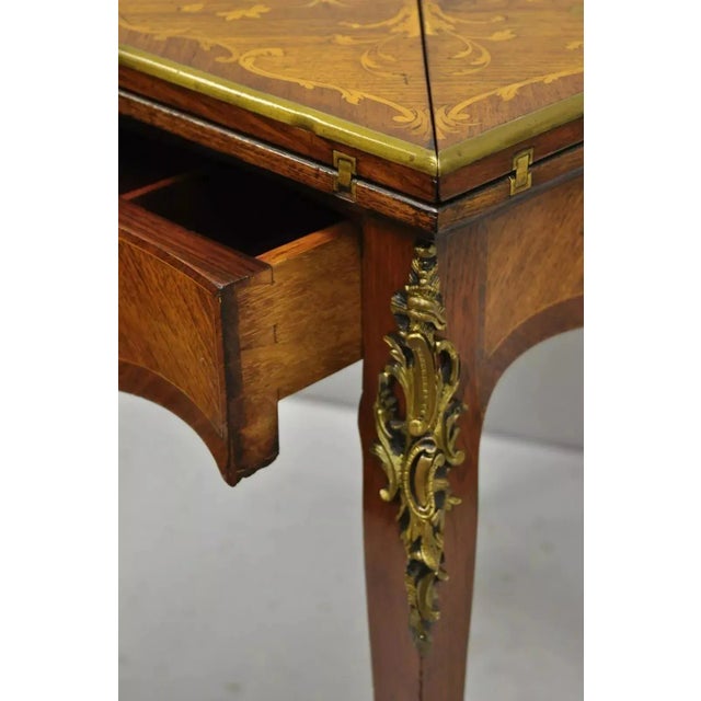 Antique French Louis XV Rosewood Satinwood Inlay Napkin Folding Card Game Table For Sale In Philadelphia - Image 6 of 12