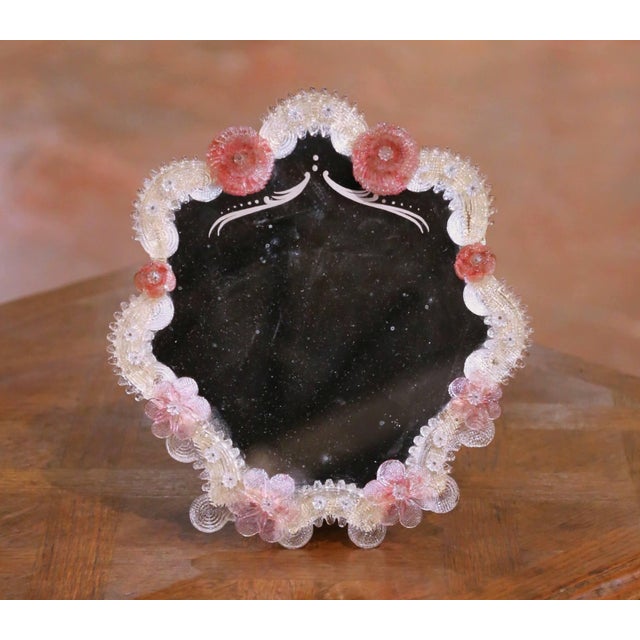 Mid-Century Italian Murano Glass Vanity Mirror With Pink Flowers For Sale In Dallas - Image 6 of 8