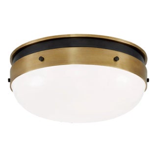 Thomas O'Brien for Visual Comfort Signature Hicks Small Flush Mount in Bronze & Hand-Rubbed Antique Brass with White Glass For Sale