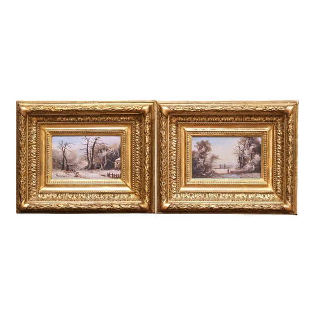 Pair of 19th Century French Barbizon Pendants Landscape Paintings in Gilt Frames For Sale