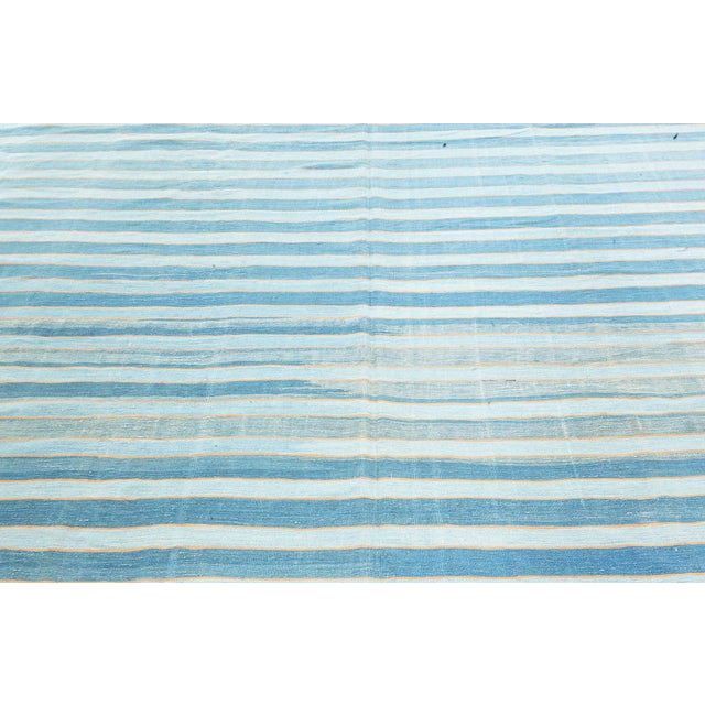Mid-Century Modern Doris Leslie Blau Vintage Indian Dhurrie Striped Blue Rug For Sale - Image 3 of 7
