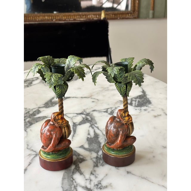 Metal Vintage Palm Beach Style Petite Choses Monkey Palm Tree Candle Holders - A Pair For Sale - Image 7 of 9