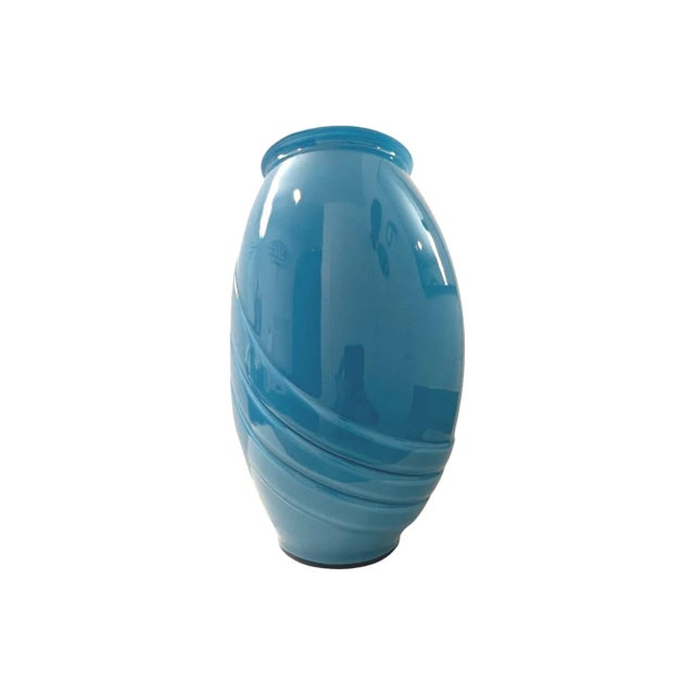 Vintage Postmodern Large Turquoise Ribed Glass Vase, 1980s For Sale In Palm Springs - Image 6 of 8