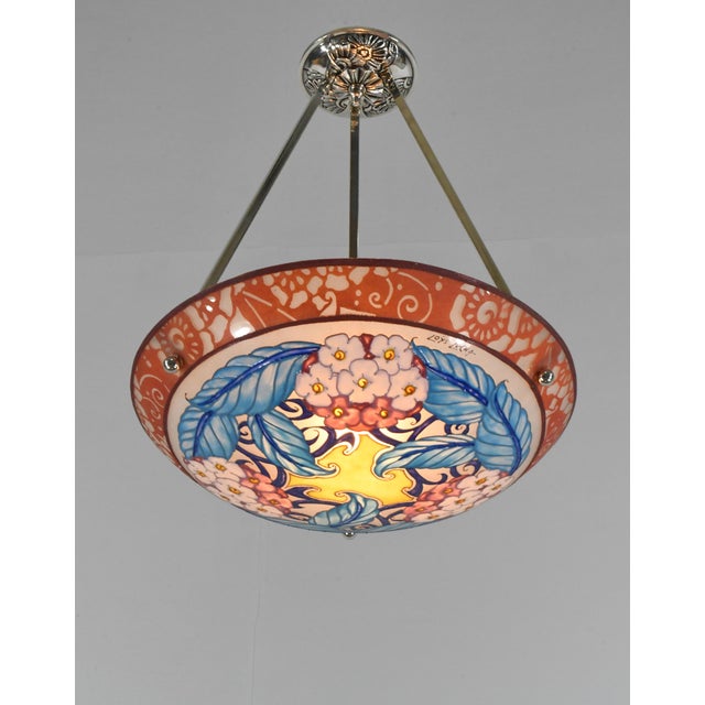 Loys Lucha French Art Deco Pendant Light 1930s - Enameled Terracotta Hydrangea Bowl For Sale - Image 6 of 13