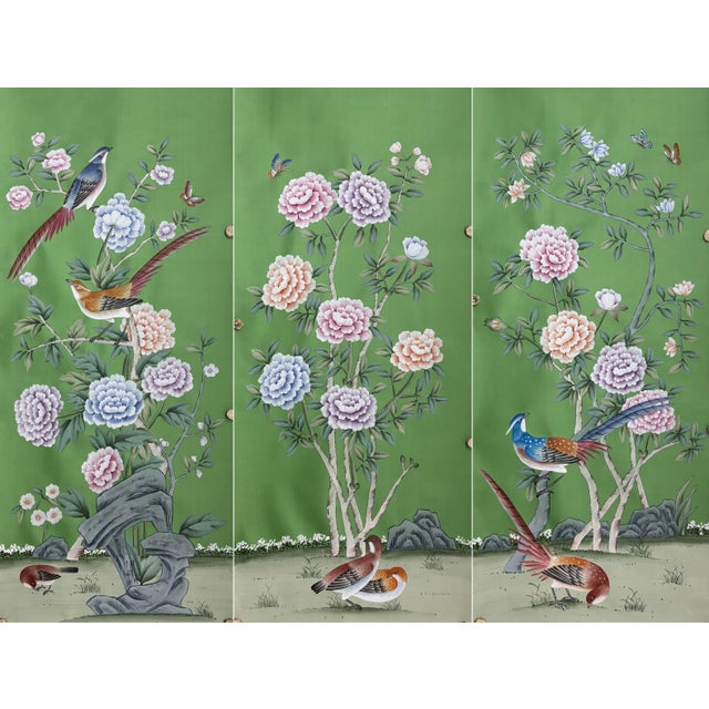 Vibrant Green Chinoiserie Mural | 3-Panel Hand-Painted Peony & Bird Wallpaper For Sale
