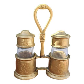 Vintage Brass Salt and Pepper Set with Glass Inserts, 1920s, Set of 5 For Sale