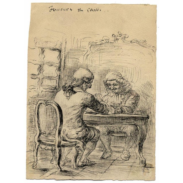 An original 1910s pen & ink drawing, G. Cervelli, The Card Players (Joueurs de cartes).A fabulous comic drawing by French...