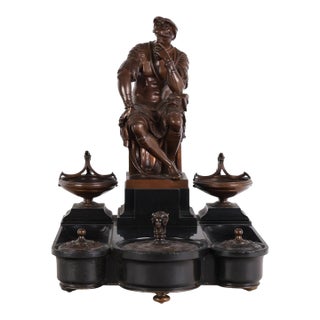 Antique F Barbedienne French Bronze Seated Roman Bronze & Marble Inkwell For Sale