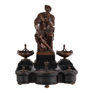 Antique F Barbedienne French Bronze Seated Roman Bronze & Marble Inkwell