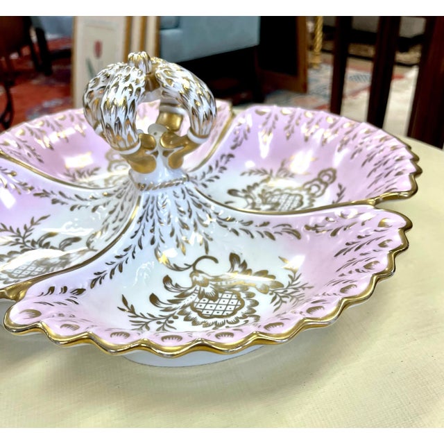 Antique Pink and Gold Porcelain Divided Server Dish Platter For Sale - Image 4 of 9