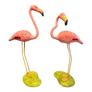 Vintage Mexican Paper Mache Flamingos Pair-Tonala Folk Art-Figurines-Tropical For Sale