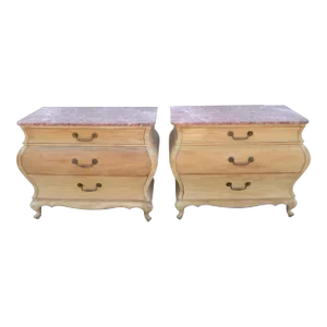 Pair, Chest of 3 Drawers, Dresser Cabinets With Verona Marble Top Louis XV Style