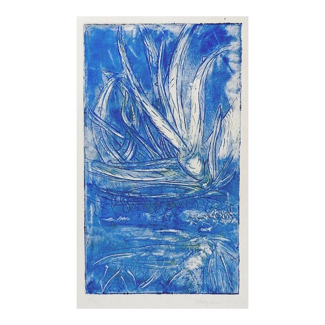 Vintage Abstract Botanical Etching in Blue For Sale