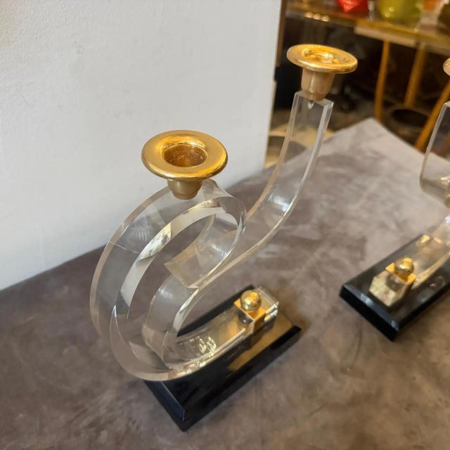 Two 1970 Mid-Century Modern Black and Clear Lucite and Brass French Candlesticks For Sale - Image 6 of 14