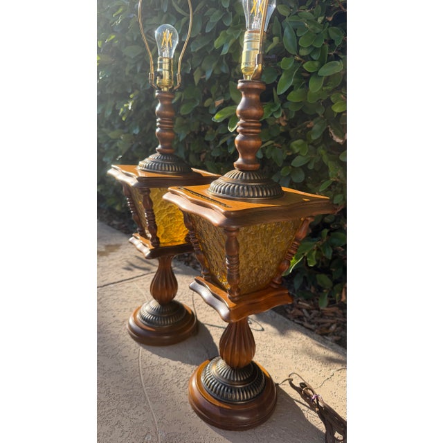 Vintage Matching Wood Table Lamps With Amber Glass Night Lights - a Pair For Sale - Image 4 of 12