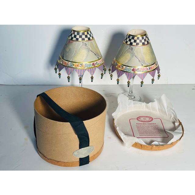 Gorgeous unique vintage Mackenzie and Childs handpainted paper lamp shades with bead fringes, in original box , stamped .