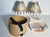 Gorgeous unique vintage Mackenzie and Childs handpainted paper lamp shades with bead fringes, in original box , stamped .