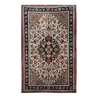Vintage Isfahan Area Rug, Handwoven Floral Pattern, Ivory & Navy, 3’ X 4’ For Sale