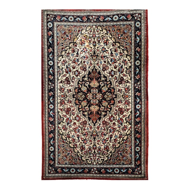 Vintage Persian Isfahan Area Rug, Handwoven Floral Pattern, Ivory & Navy, 3’ X 4’ For Sale