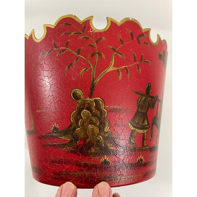 Red 1950s-70s Chinoiserie Red Toleware Cachepot or Jardiniere For Sale - Image 8 of 15