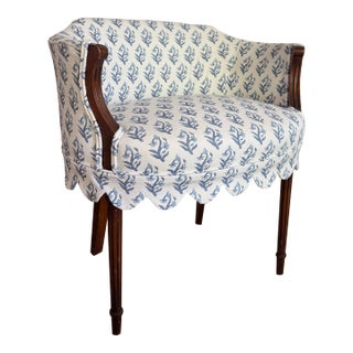 Antique Regency-Style Blue and White Floral Barrel Vanity Chair For Sale
