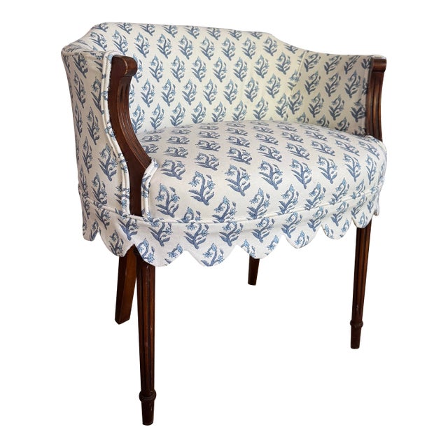 Antique Regency-Style Blue and White Floral Barrel Vanity Chair For Sale