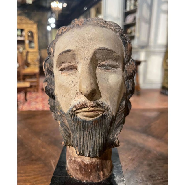 17th Century Spanish Carved Polychrome Bust of Christ on Stand For Sale - Image 4 of 12