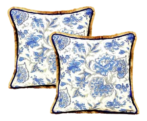 Contemporary Linen French Blue Floral Fringe Pillow Cover With Piping- a Pair