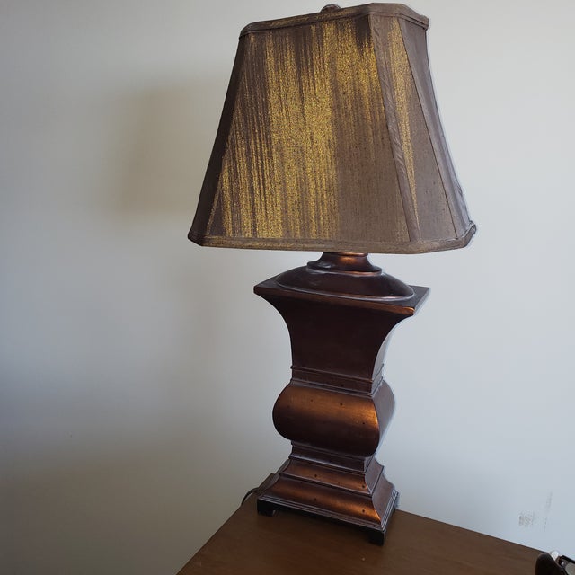 Copper 1980s Bloomingdales Copper Patina Baluster Style Wood Table Lamp For Sale - Image 8 of 9