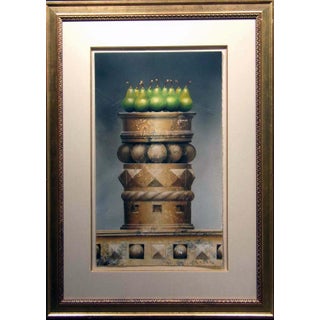 James Jensen Original Pastel "Green Pears on Tower" Custom Framed For Sale