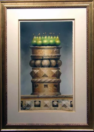 James Jensen Original Pastel "Green Pears on Tower" Custom Framed