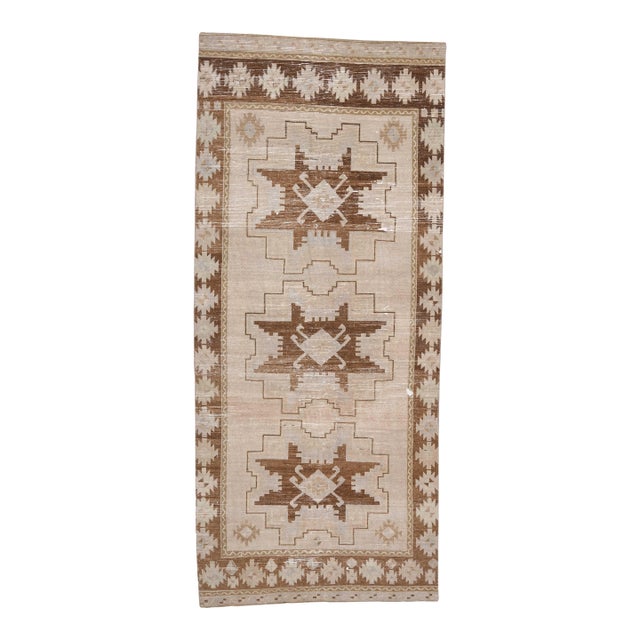 1970s Vintage Handmade Wool Cotton Beige Runner Rug For Sale