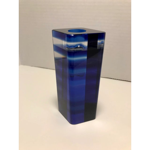 Mid-Century Cobalt Blue Stripes Hand Blown Art Glass Candle Holder For Sale - Image 4 of 9