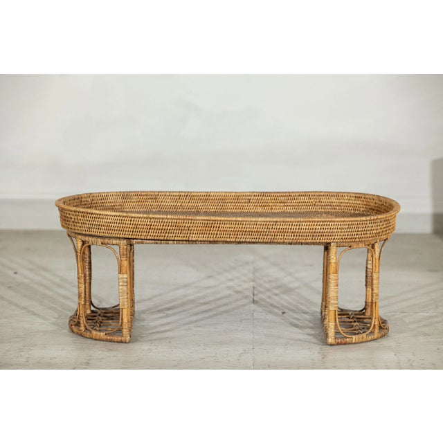 Vintage Rattan Oval Tray Top Table or Coffee Table with Raised Edge For Sale In New York - Image 6 of 12