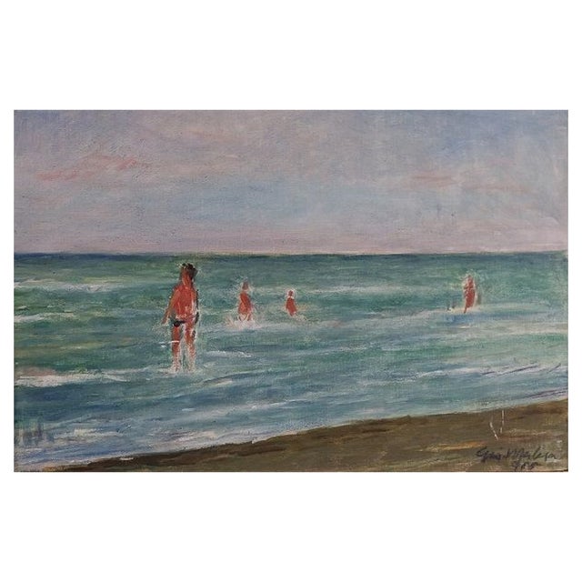 Giovanni Malesci, Beach With Bathers, 1965, Oil on Canvas For Sale